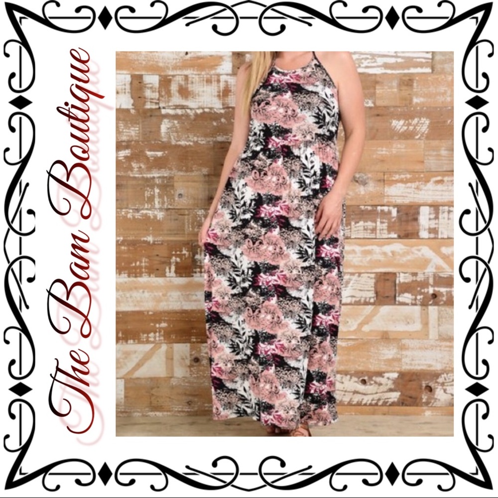 Plus Size Black & Rose Floral Tie-Back Maxi Dress